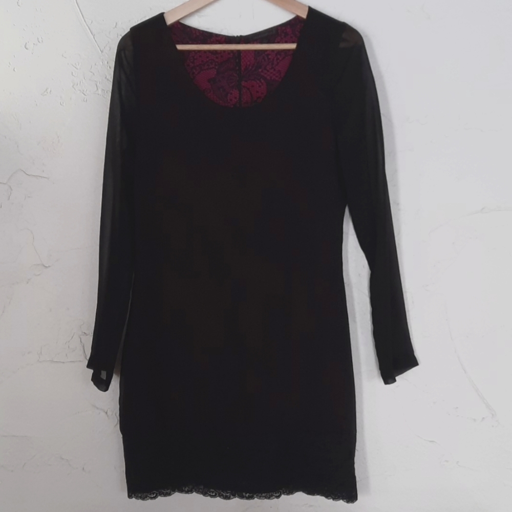LUCCA COUTURE Sheer Mini Dress Sz Med With Lace Trim and Pink Design Lining